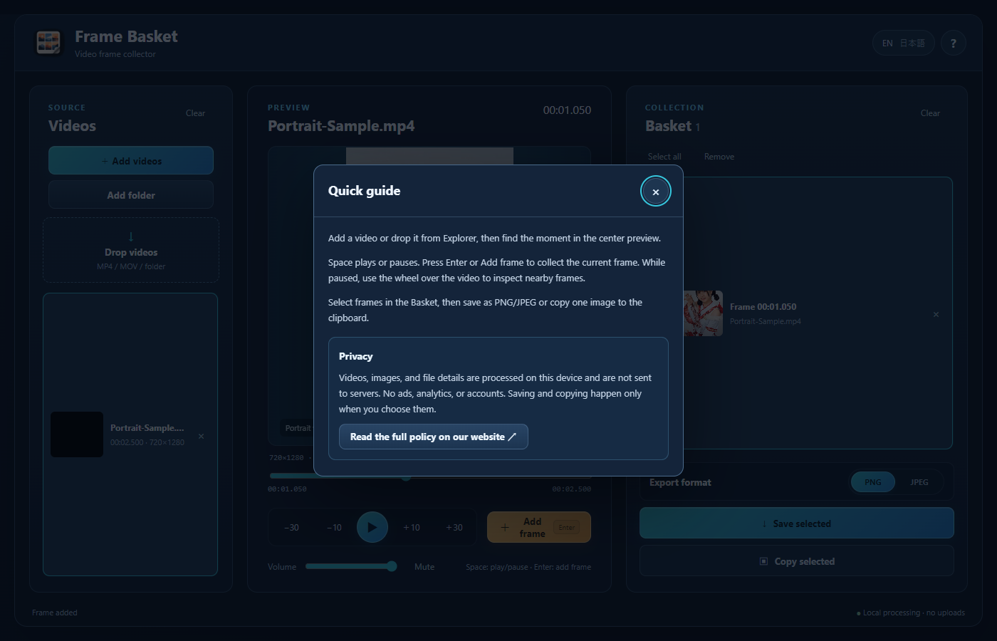 Quick guide and privacy information in Frame Basket